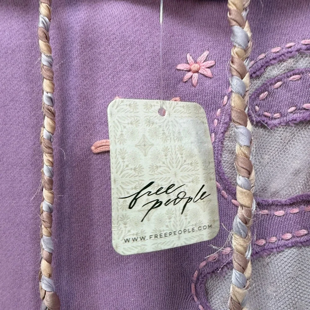 Free People Hoodie Women‎ XS Purple Flower Embroidered Boho RARE MSRP $198 NEW